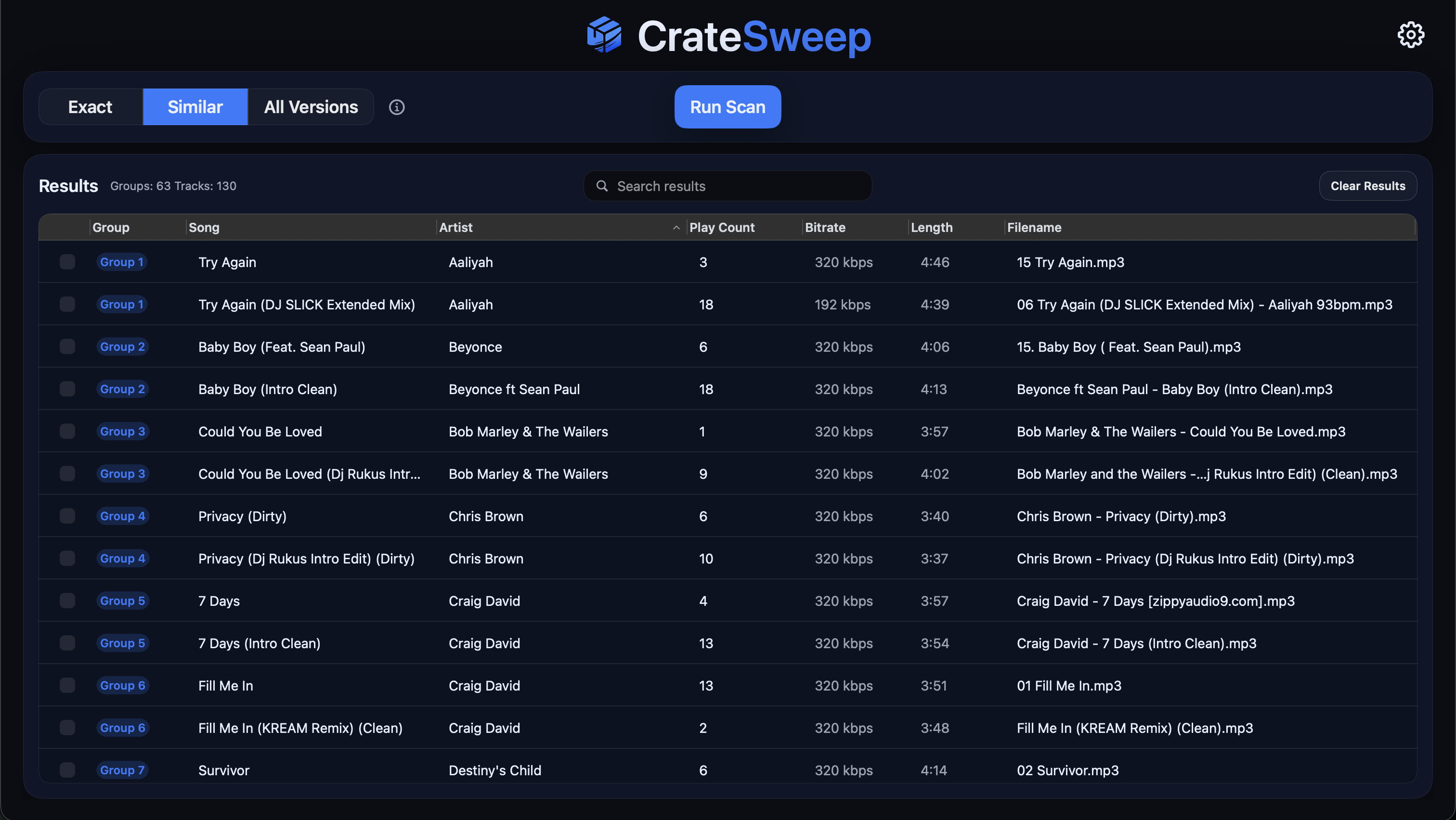 CrateSweep Serato library cleaner showing duplicate tracks grouped for review on macOS